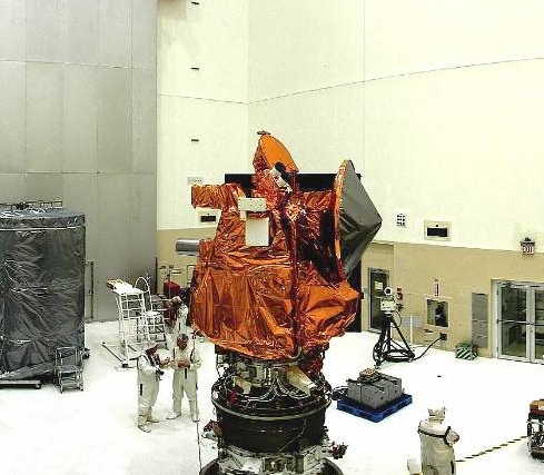 Click for cylindrical panorama of the MarsOdyssey spacecraft in SAEF2